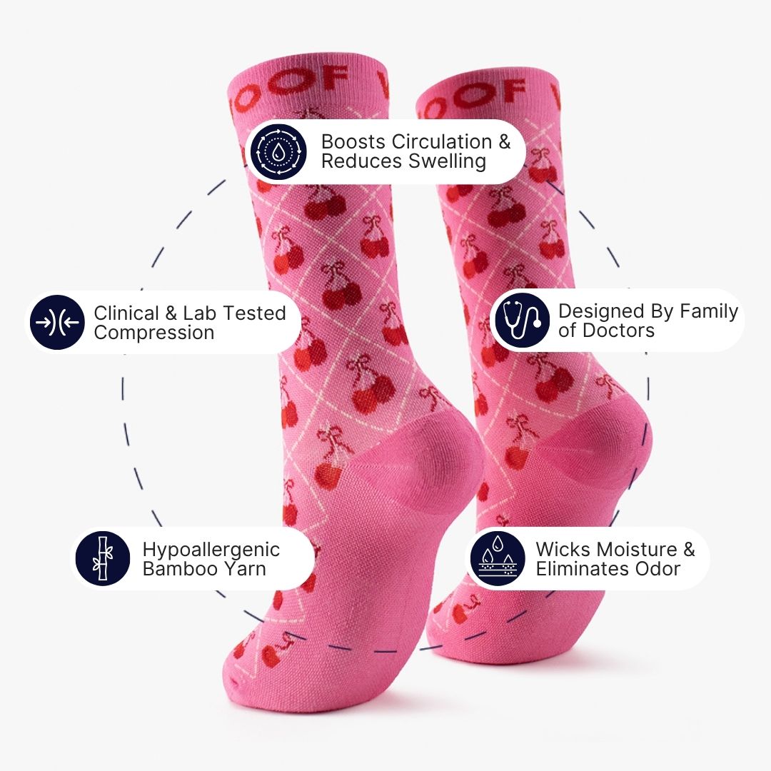A bright pink Cherry Bows Bamboo Crew Compression Socks surrounded by key feature callout icons, including boosts circulation & reduces swelling, clinically tested compression, hypoallergenic & odor free, designed by family of doctors, and moisture-wicking properties.  